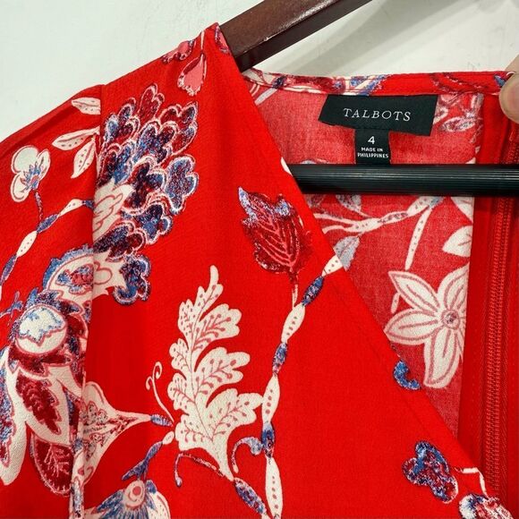 Talbots Red Blue Cream Floral Print V Neck Button Front Sash Waist Dress - Picture 10 of 16